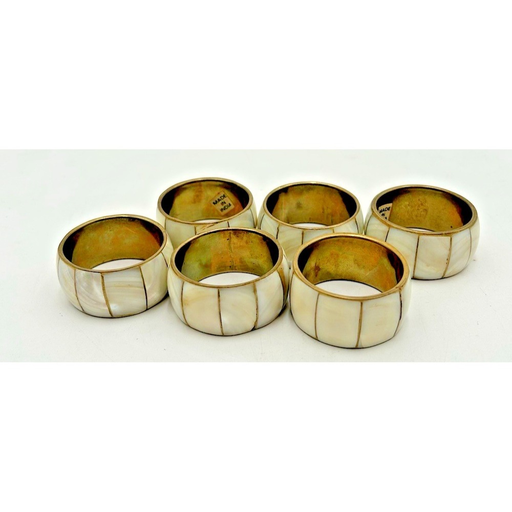 Set of 6 Mother of Pearl & Brass Napkin Rings Inlaid Shell Tableware Vintage‎